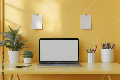 Wallpaper Mural Minimalist desk setup on a light yellow surface. Centered silver laptop with blank white screen. white ceramic pencil holder with scissors and colored pencils. and a small white pot with a succulent Torontodigital.ca