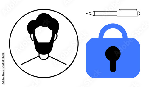 Black and white profile within a circle, a blue lock with a keyhole, and a black pen. Ideal for cybersecurity, privacy, identity protection, credential verification, and secure communications. Simple