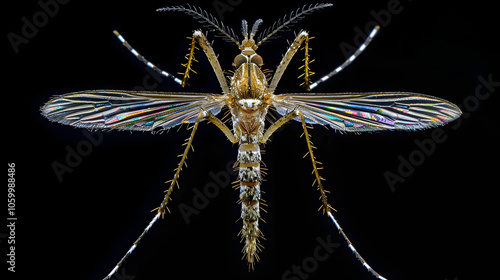 close-up of a Culicoides paraenses mosquito with impressive details of its anatomy. Intricately patterned oropouche fever mosquito photo