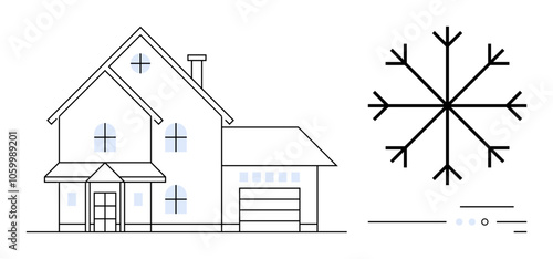 House with multiple windows and garage adjacent to a large snowflake symbol. Ideal for winter season concepts, home heating ads, weather forecasts, real estate marketing, seasonal greetings