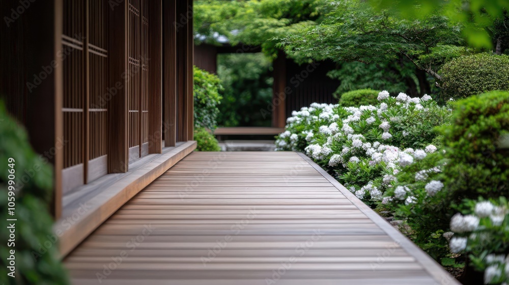 A serene wooden walkway bordered by lush greenery and blooming flowers in a tranquil garden setting. A serene wooden walkway bordered by lush greenery and blooming flowers in a tranquil garden setting.