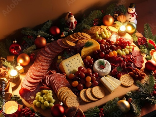 Delightful holiday charcuterie board displaying an abundance of gourmet cheeses meats fresh fruits and festive decorations that capture the spirit of celebration and togetherness