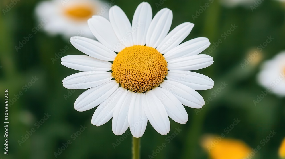 Fototapeta premium A close-up of a daisy flower showcasing its vibrant yellow center and pristine white petals against a blurred green background.