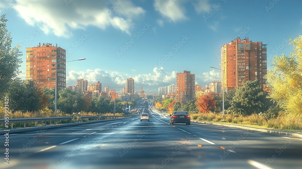 Obraz premium Cityscape with a road leading to residential buildings under clouds.