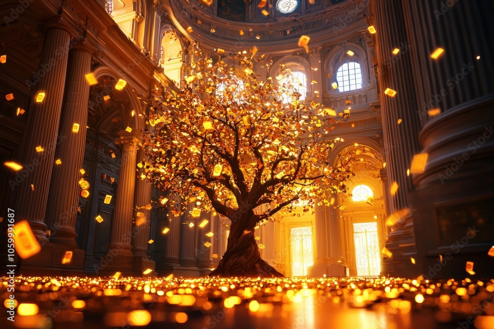 Obraz premium Majestic Golden Tree Illuminated in a Grand Architectural Space with Floating Light Particles