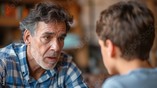 Older man talking to young boy