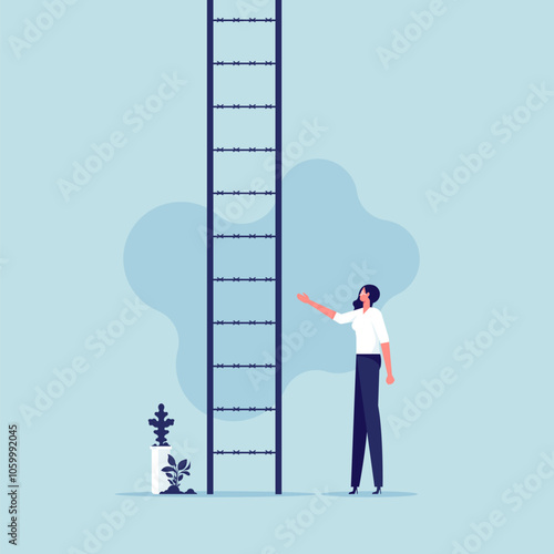 Gender barrier, woman career obstacle or inequality, limitation or discrimination, effort to overcome difficulty, climbing ladder with obstacle concept