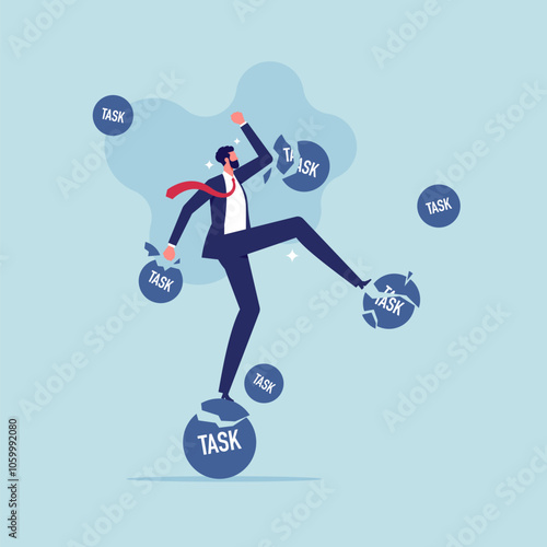 Concept of workflow, efficiency and multitasking, project management process to manage and develop, businessman surrounded by flying task blocks