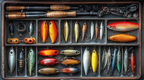 A collection of fishing lures and rods in a tackle box.