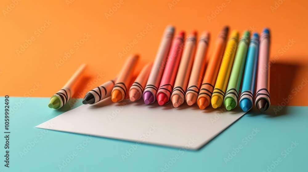 Naklejka premium A colorful arrangement of crayons beside a blank sheet of paper on a vibrant background, inviting creativity and artistic expression.
