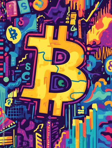 dollar production, coins, stock graphs, and Bitcoin in various creative graphic styles