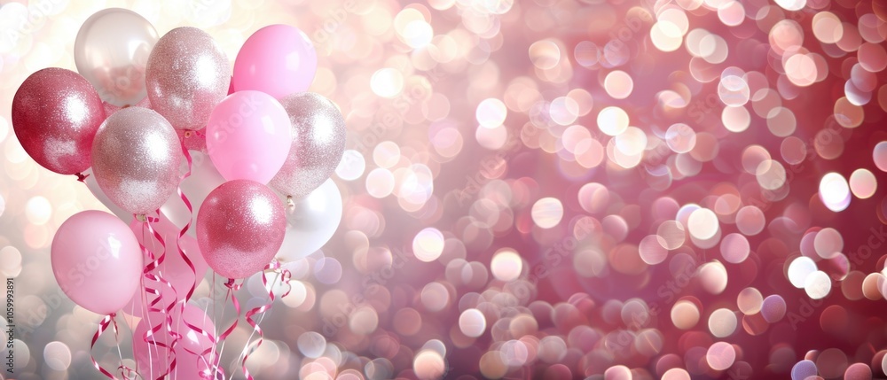 Pink and silver balloons floating in front of blurred lights Pink and silver balloons floating in front of blurred lights