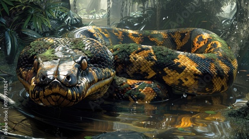 Large Green and Yellow Python Camouflaged in Mystical Tropical Forest photo