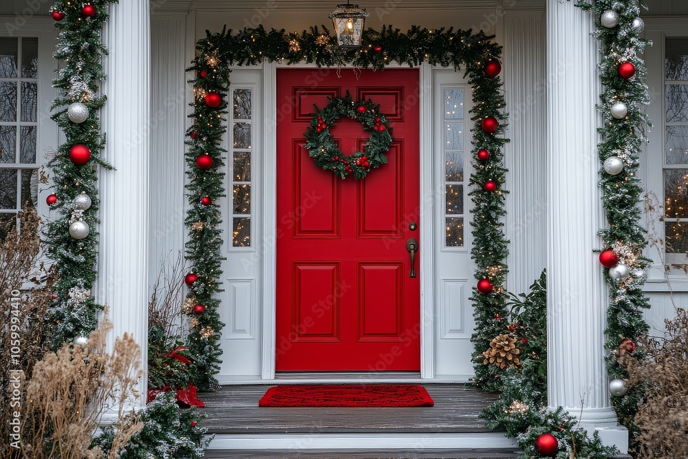 Fototapeta premium Bright red door on a festive porch adorned with Christmas decorations and garlands, creating an inviting holiday entrance.