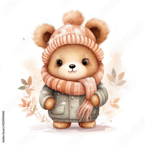Cute good-natured bear in warm clothes in autumn on a white background.