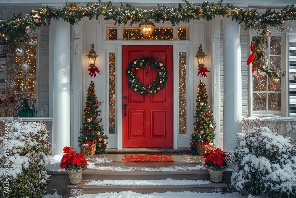 Fototapeta premium Bright red door on a festive porch adorned with Christmas decorations and garlands, creating an inviting holiday entrance.