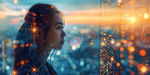 Young Woman Analyzing Data on Digital Interface with Futuristic City Lights and Bokeh Effect photo