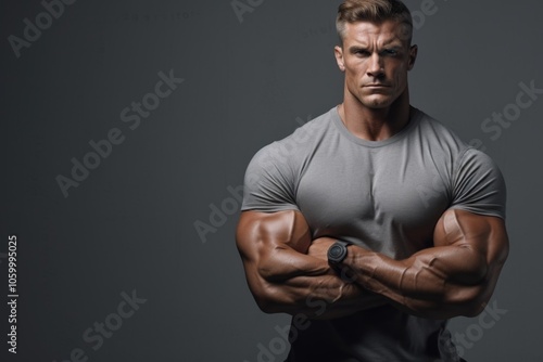 Muscular man sitting in dark room showing strength studio portrait evening photo