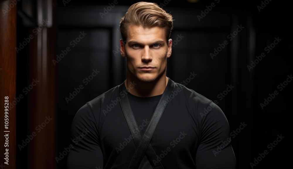 Fototapeta premium Stylish man in black shirt and suspenders