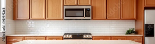 Natural wood kitchen cabinets with open layout, warm and inviting, quartz island, recessed lighting, cozy and welcoming tone