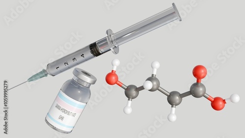 3D molecular model of gamma-hydroxybutyrate (GHB) alongside syringe and a small vial labeled 