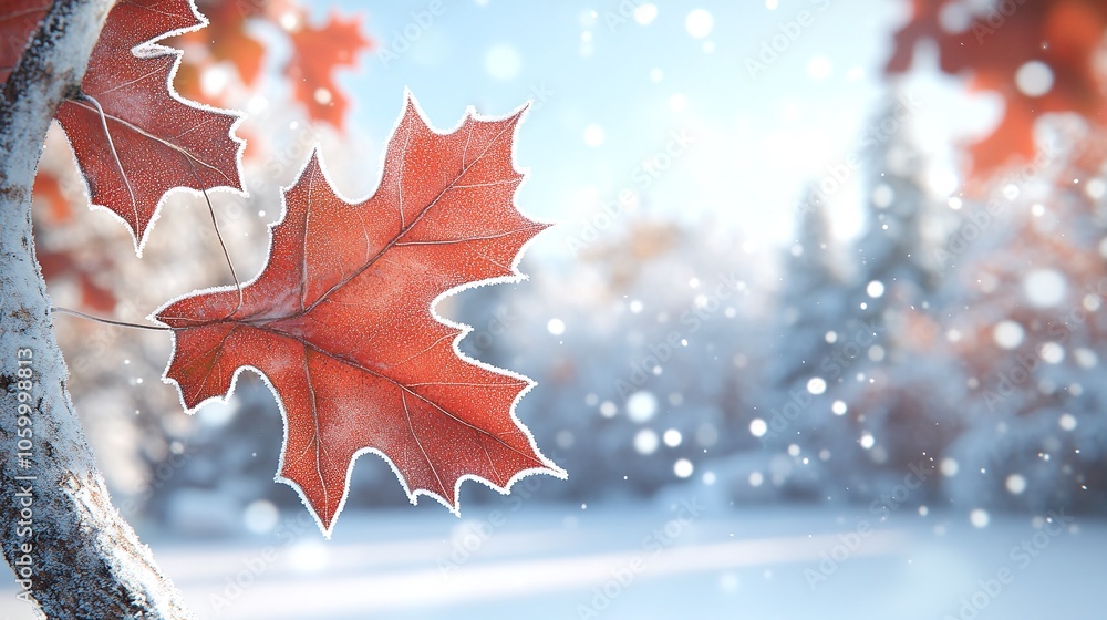 Fototapeta premium maple leaves dusted with delicate frost crystals. The leaves, tinged with shades of maroon and brown, contrast beautifully against the white frost, with a soft-focus background giving an ethereal, win