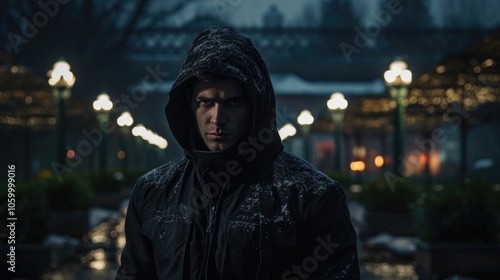 Moody Portrait of Man in Snowy Urban Night under Streetlights with Hooded Jacket