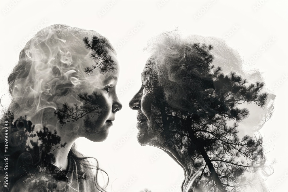 Fototapeta premium Double Exposure: Young Girl and Elderly Woman with Nature Background