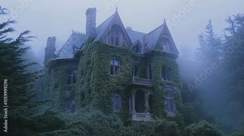 Wallpaper Mural An old, abandoned mansion covered in ivy stands in a thick fog. Torontodigital.ca