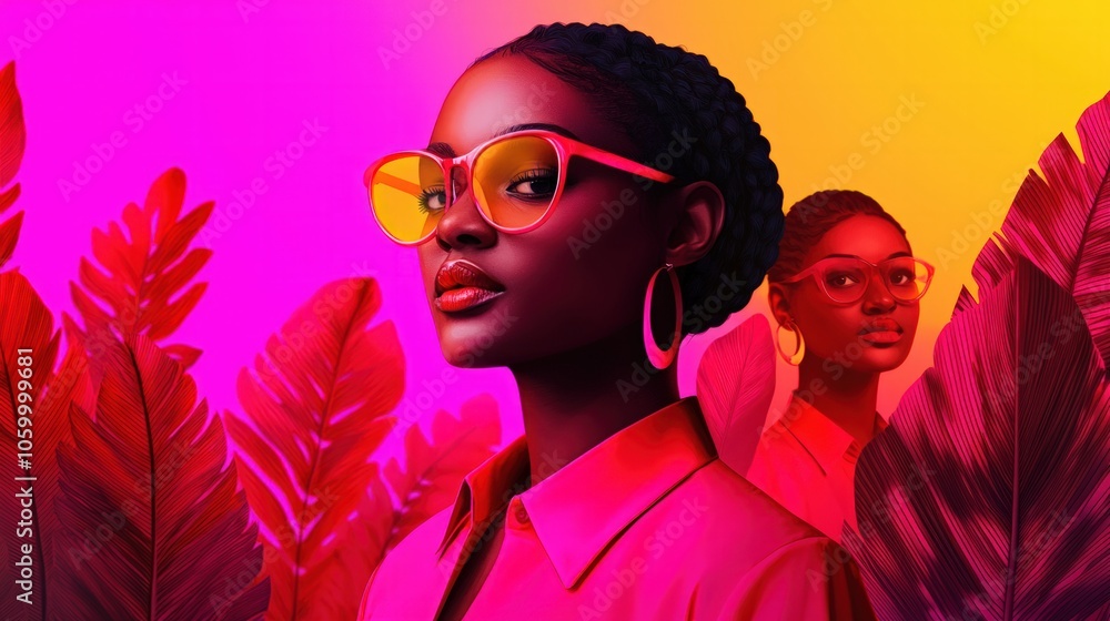 © spacenomads - Vibrant Portrait of a Stylish Woman in Sunglasses Surrounded by Tropical Foliage © spacenomads - Vibrant Portrait of a Stylish Woman in Sunglasses Surrounded by Tropical Foliage