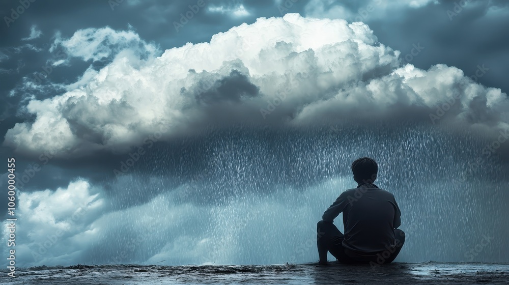 A figure sitting in solitude under a heavy rain cloud, representing sadness. A figure sitting in solitude under a heavy rain cloud, representing sadness.