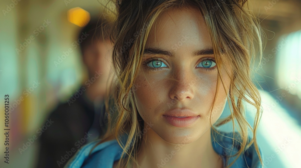 Obraz premium Closeup Portrait of Young Woman with Blue Eyes and Soft Lighting