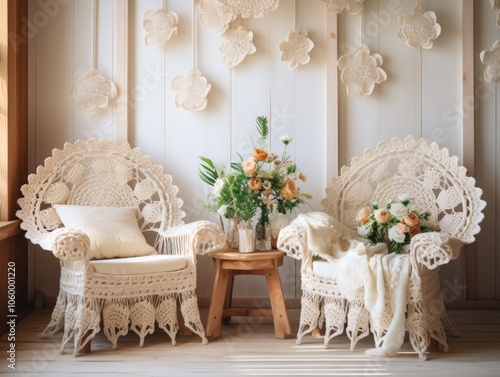 BohemianInspired Cozy Lounge with Floral Arrangements and Handmade Crochet Decor photo