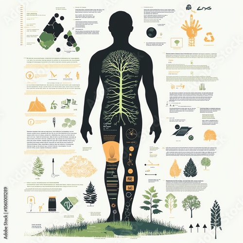 Infographic depicting human anatomy and its connection with nature and trees.