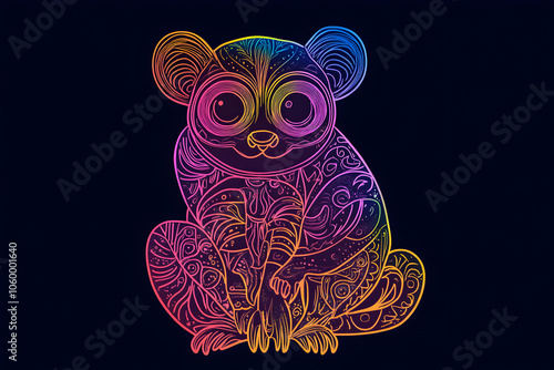 A captivating neon outline of a tarsier adorned with elaborate patterns and designs set against a dark backdrop --ar 3:2 --s 50 photo