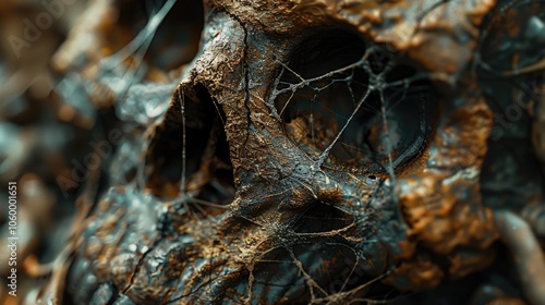 CloseUp of a Weathered, CobwebCovered Skull for Spooky Halloween and Haunted House Themes photo