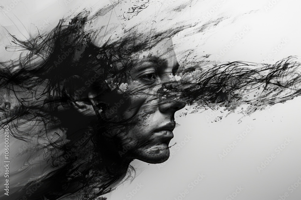 Fototapeta premium Surreal Abstract Portrait of a Man Blending with Artistic Ink and Brush Strokes