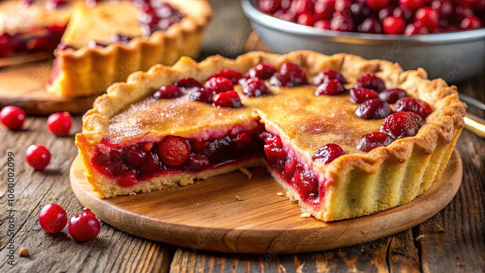 A rustic wooden table holds a freshly baked cherry pie, the crust glistening with golden brown edges and the filling brimming with juicy red fruit. A rustic wooden table holds a freshly baked cherry pie, the crust glistening with golden brown edges and the filling brimming with juicy red fruit.