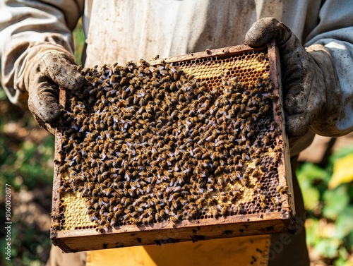 A beekeeper gently holding a frame covered in bees, carefully inspecting the health of the hive. photo