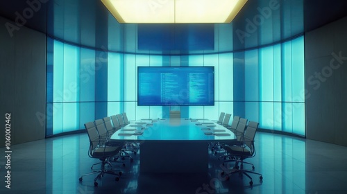 Modern office room with desks, computers, and chairs in a well-lit space with large windows and contemporary design. photo