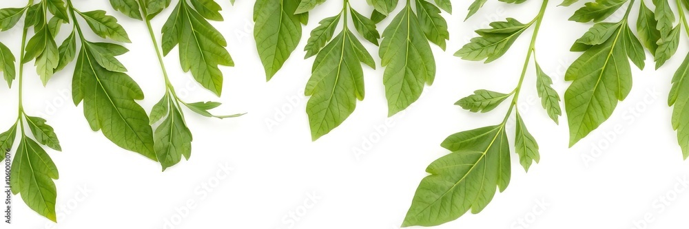 Fototapeta premium Fresh green moringa leaves isolated on white background, dietary supplement, nutrition