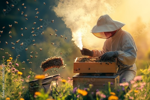 A beekeeper using a smoker to calm bees before opening a hive, with bees flying between nearby wildflowers. photo