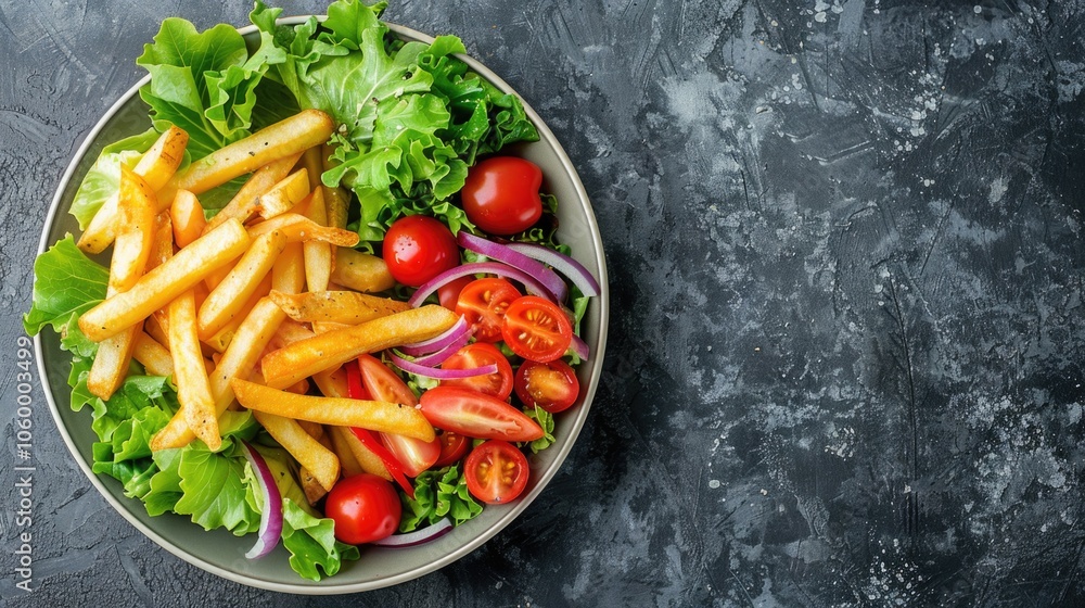 French fries and salad on black plates French fries and salad on black plates
