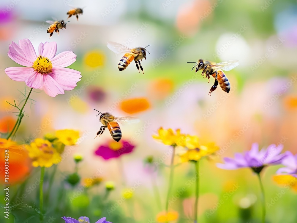 Obraz premium A close-up of bees in flight, carrying pollen between flowers in a colorful garden near an apiary.
