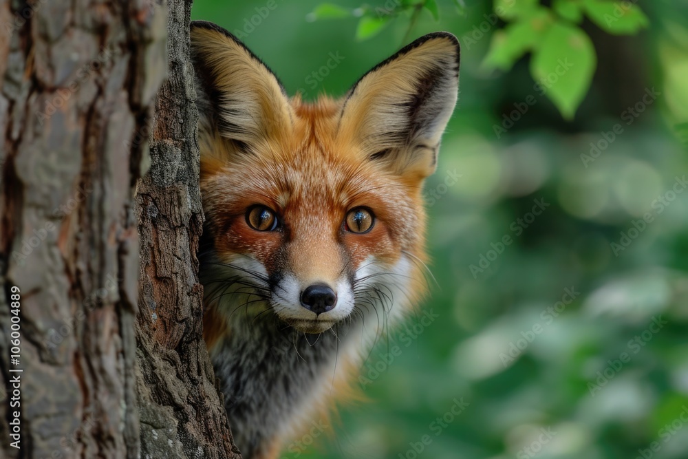 Fototapeta premium Red fox hiding behind tree in forest