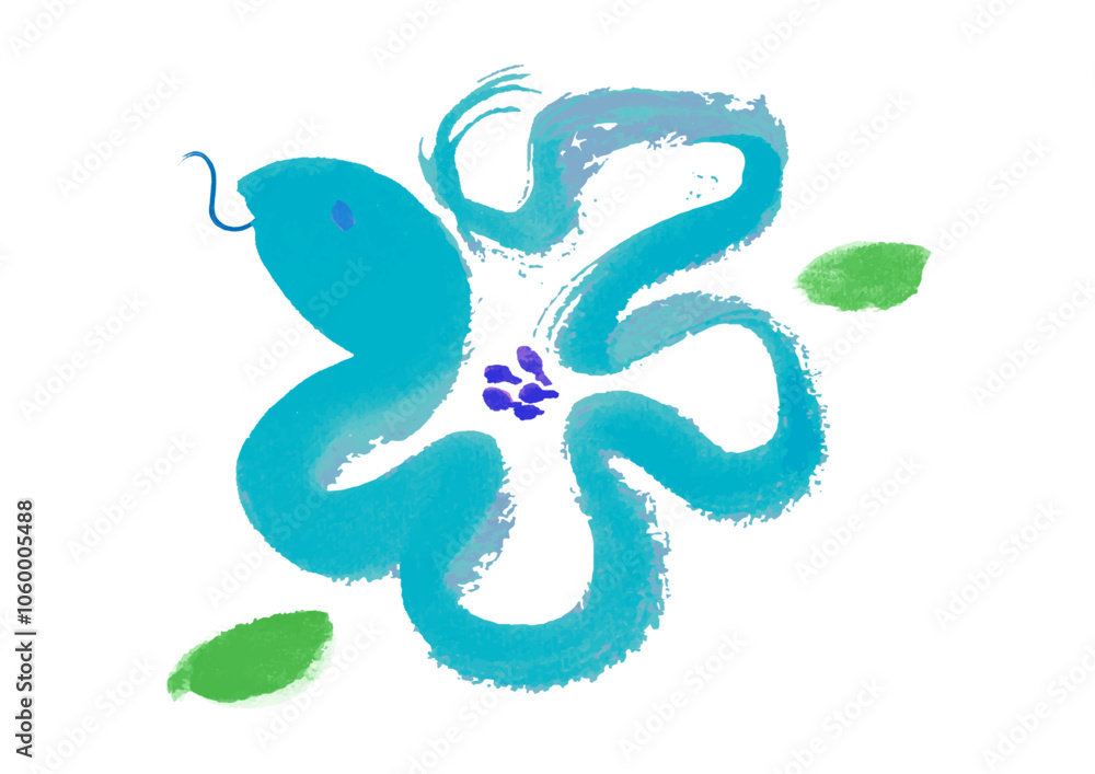 Obraz premium 2025年 巳年 年賀状用 花の形のへびの手書き和風筆イラスト