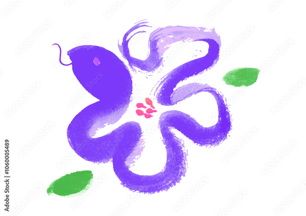 Obraz premium 2025年 巳年 年賀状用 花の形のへびの手書き和風筆イラスト