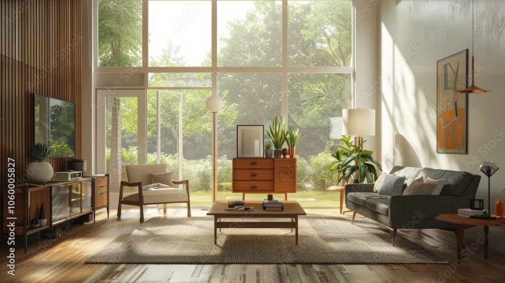 Fototapeta premium Modern living room with retro Scandinavian furniture and no one present