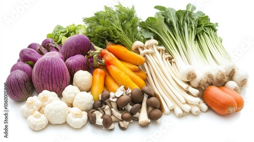 A colorful array of exotic Asian vegetables like bitter melon, taro root, and enoki mushrooms, perfect for Asian-inspired dishes, isolated on a white background photo