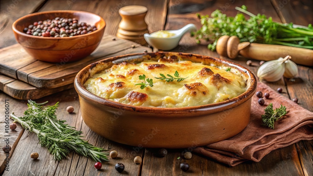 A Rustic Brown Dish Filled with Golden Creamy Goodness, Adorned with Fresh Herbs and Peppercorns on a Wooden Table A Rustic Brown Dish Filled with Golden Creamy Goodness, Adorned with Fresh Herbs and Peppercorns on a Wooden Table